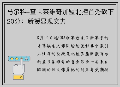 马尔科-查卡莱维奇加盟北控首秀砍下20分：新援显现实力